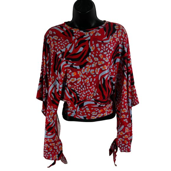 Zara Trafaluc Collection Red Flowy Crop Top Sz Small Red Blue Orange Tie Sleeve - Picture 3 of 11
